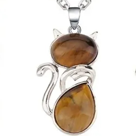 Tiger Eye Natural Stone Cute Cat Pendant Necklace - Picture 2 of 3